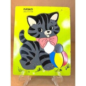 Vintage Playskool Wooden Puzzle 165-6 Kitty Kitten Cat with Ball 9 Pieces Tray